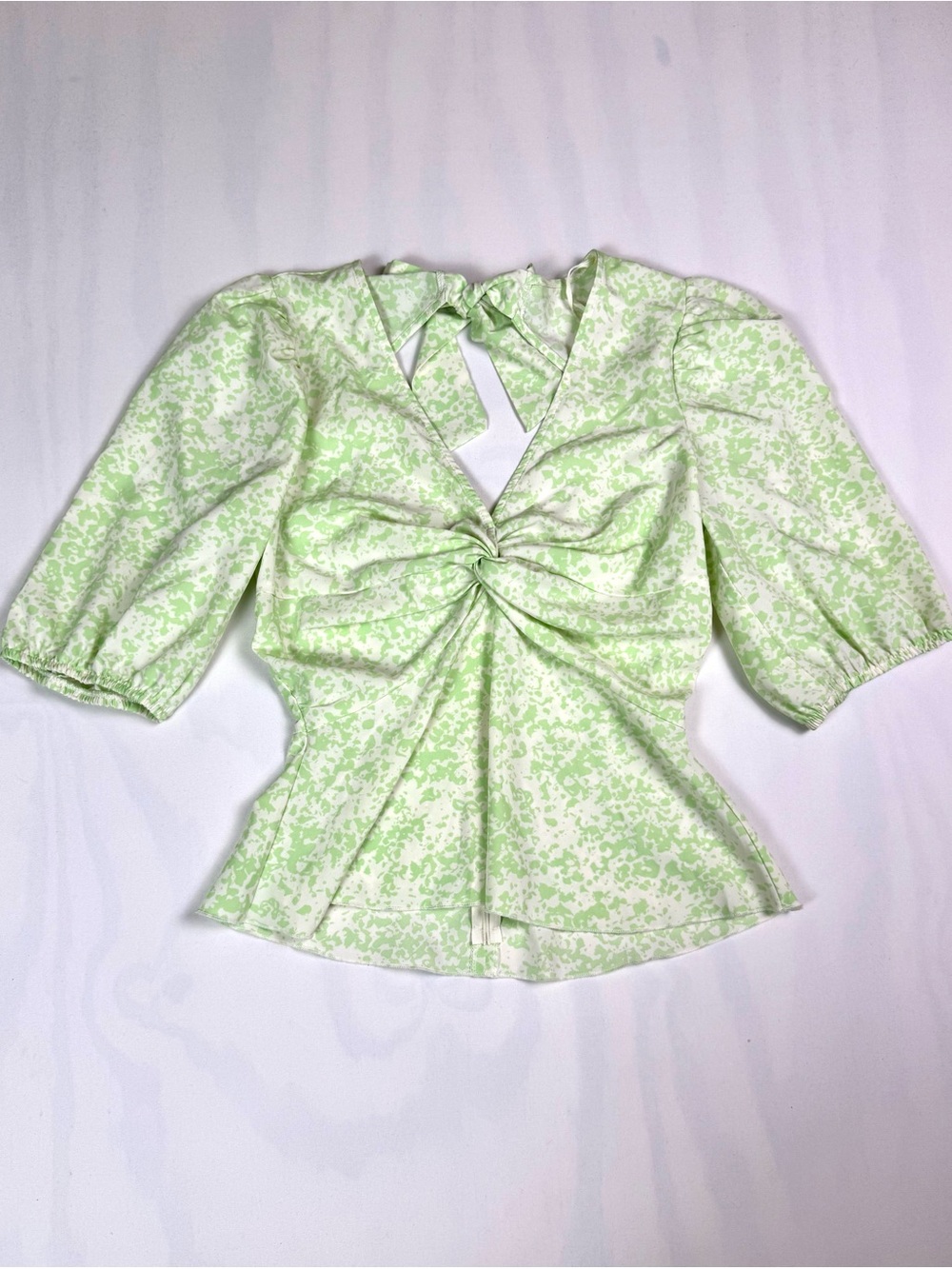 Open Edit Green White Floral Print Twist Front Peplum Keyhole Tie Back Blouse S